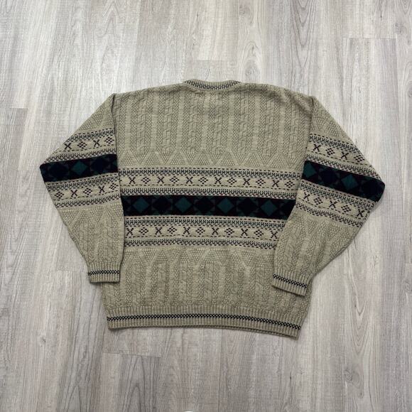 Vintage Jantzen Sweater Men's Large Tan Crewneck Geometric Fair Isle 90s Cabin - Picture 5 of 6